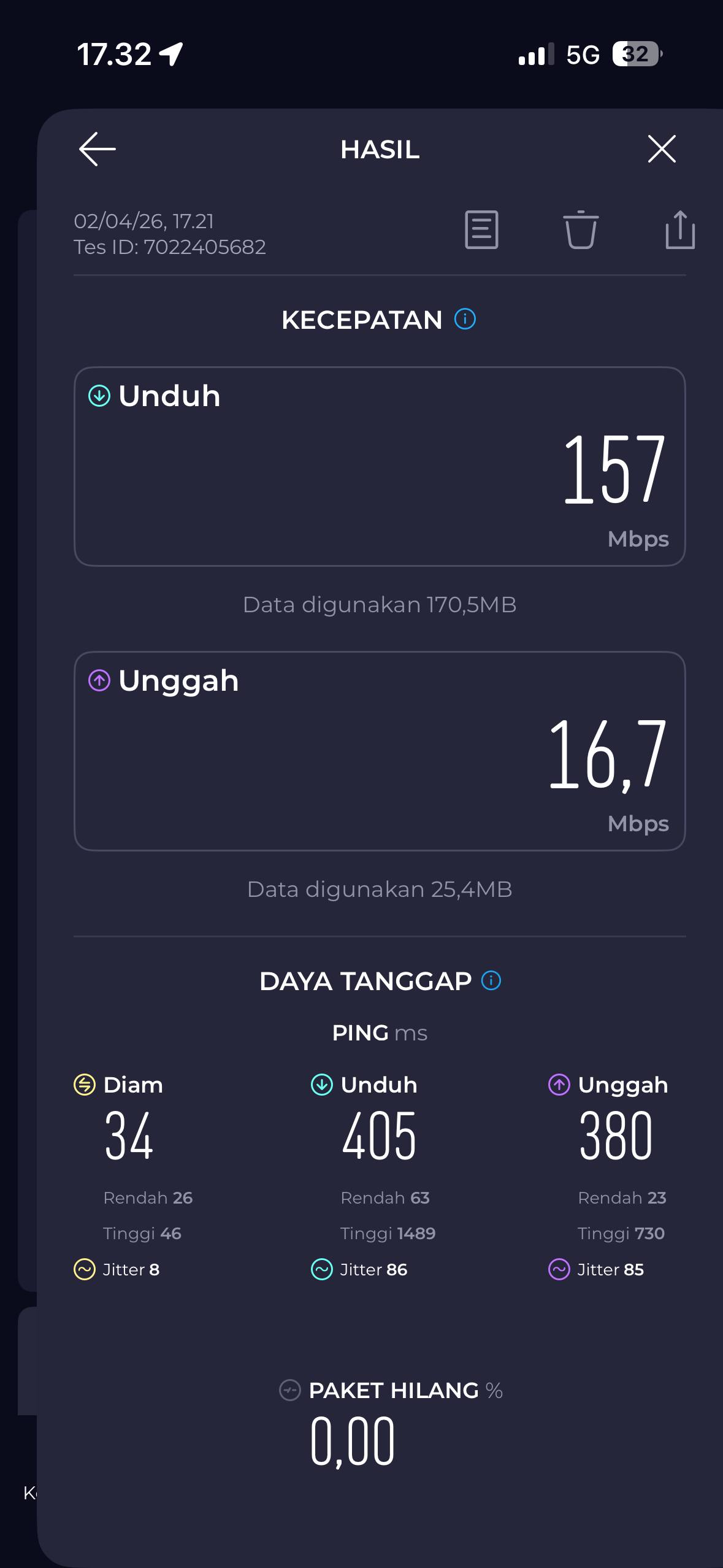 Hasil speed test XL eSIM 5G dengan kecepatan download 157 Mbps upload 16.7 Mbps